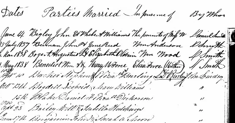 A page of a church marriage register in Manhattan, 1837–1838