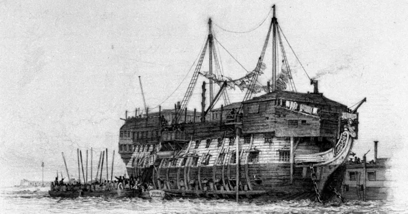 An 1829 etching of convicts being rowed out to the prison ship York in Portsmouth Harbour