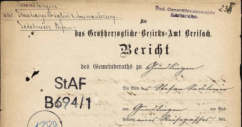 The first page of an emigration file from Gündlingen, Baden, 1883