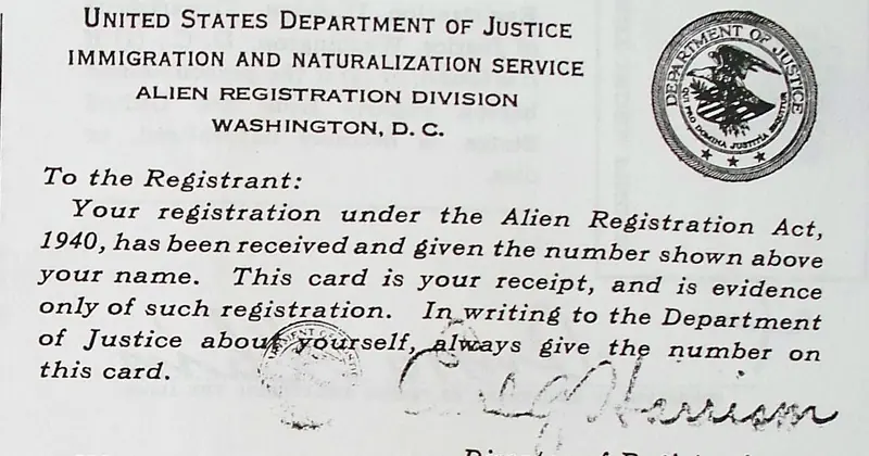 The receipt card sent under the U.S. Alien Registration Act of 1940
