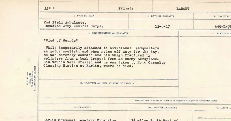 A Canadian First World War grave register card for a soldier who died of wounds in 1917