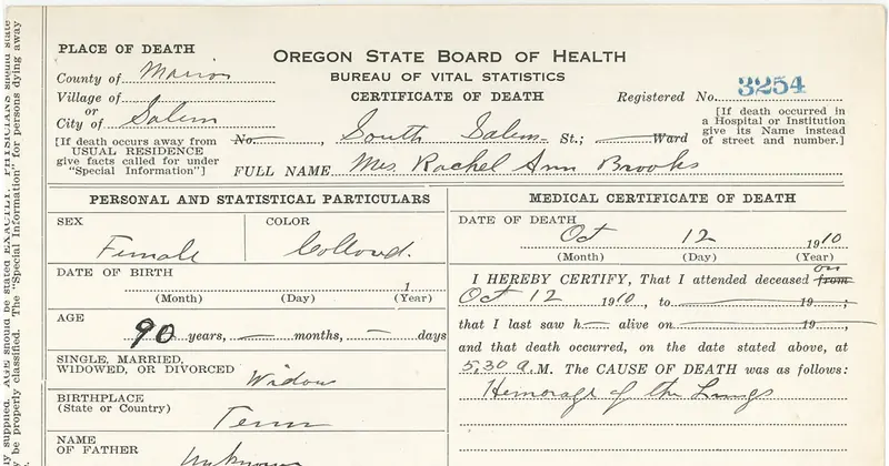 An Oregon State Board of Health certificate of death, 1910