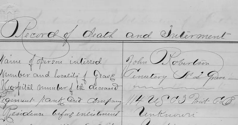 A U.S. Army record of death and interment, Camp Nelson, Kentucky, 1864