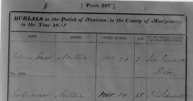 A page of the burial register of Newtown, Wales, 1858
