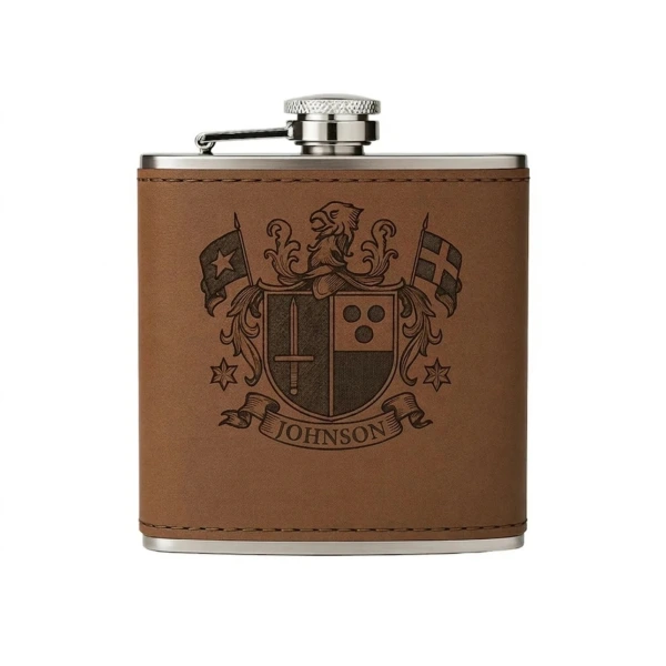 Engraved Leather Hip Flask Crest