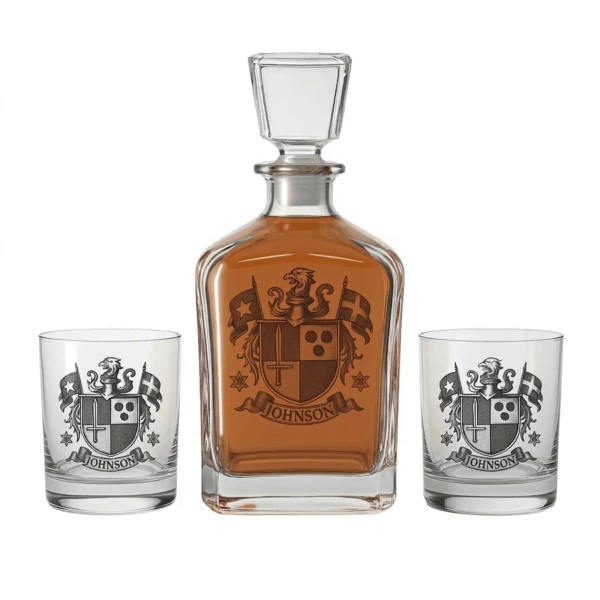 Decanter and Whiskey Crest Glass Set