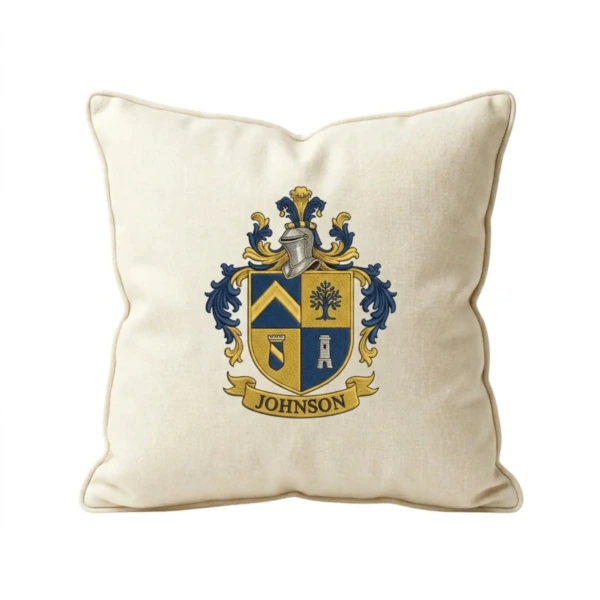 Custom Family Crest Pillow — cream linen cushion with an embroidered family coat of arms