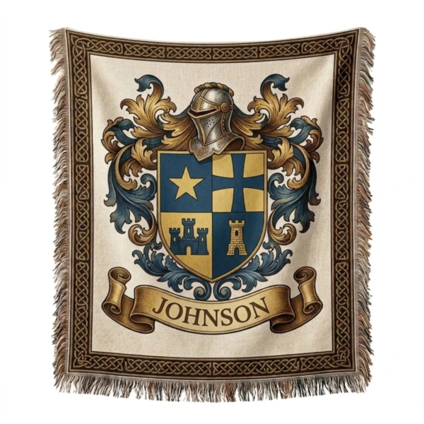 Custom Family Crest Woven Blanket — personalized coat of arms tapestry throw with a woven surname banner