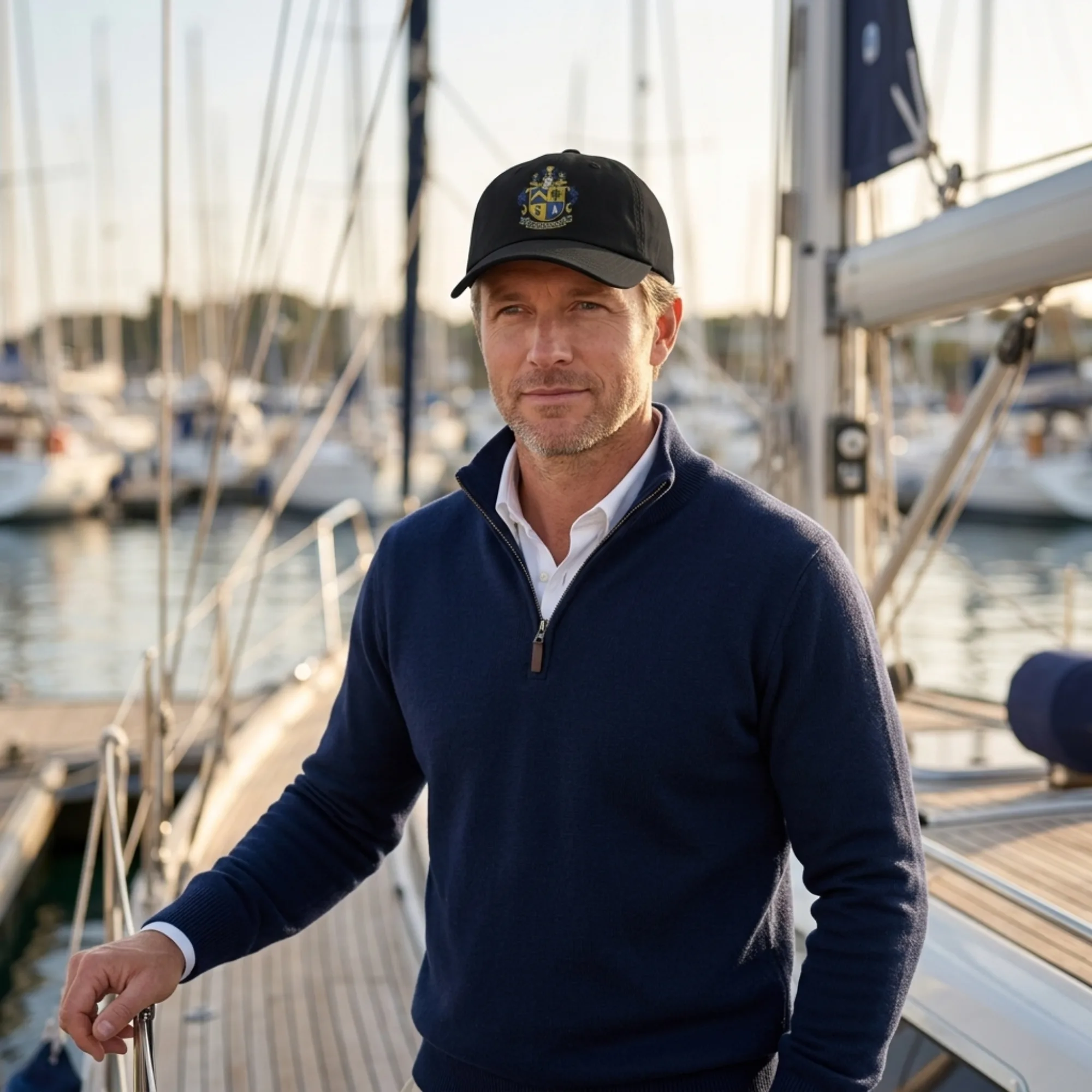 Family crest hat resting in a refined setting — heritage coat of arms cap