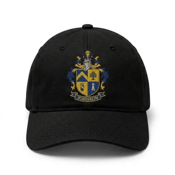 Family Crest Hat — personalized black cap with an embroidered family coat of arms