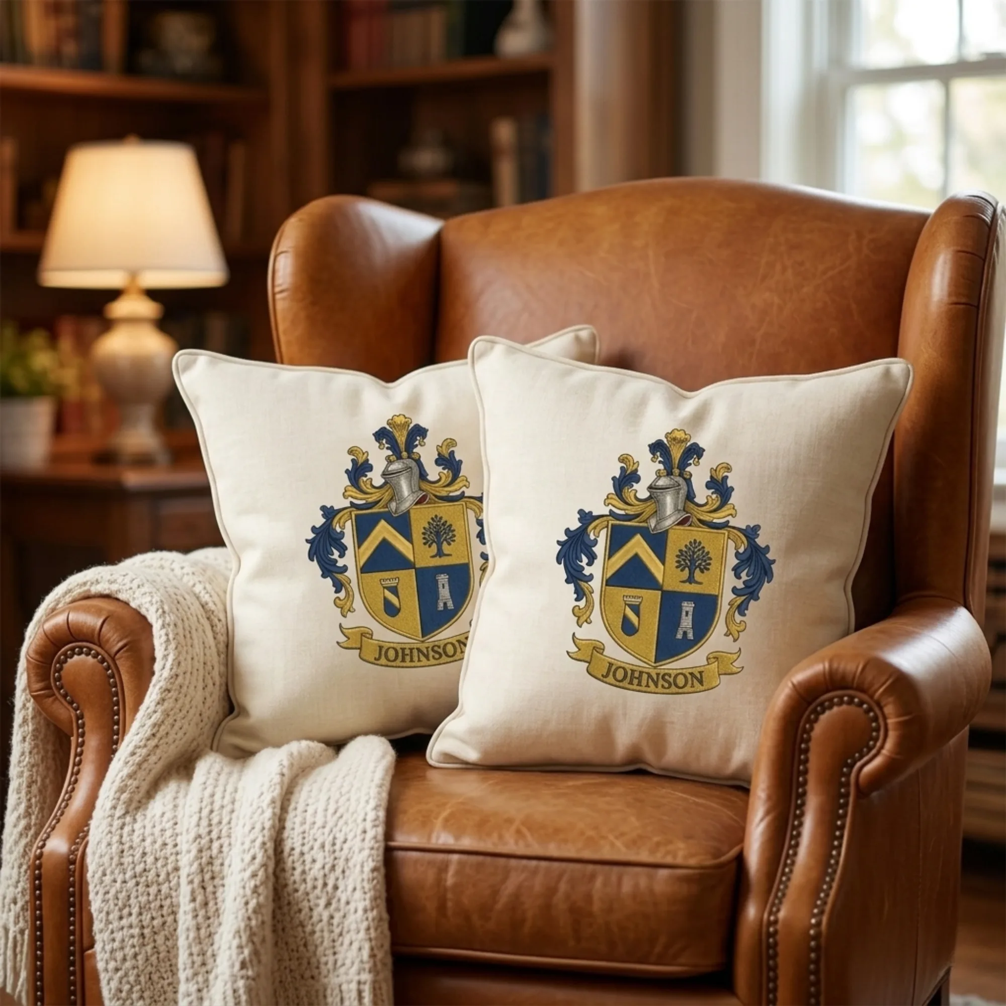 Family Crest Pillow — personalized embroidered coat of arms cushion