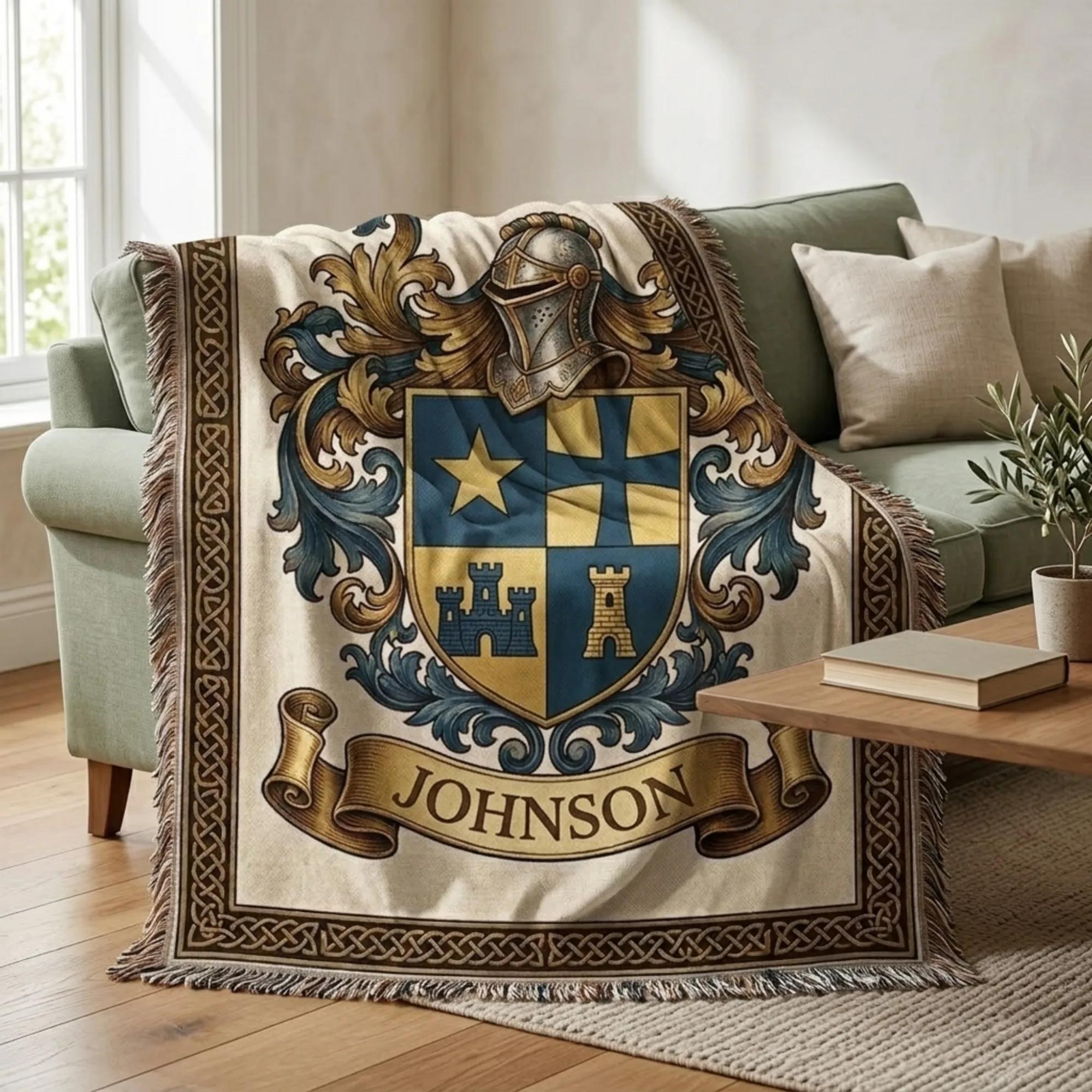 Custom Family Crest Woven Blanket — personalized coat of arms tapestry throw
