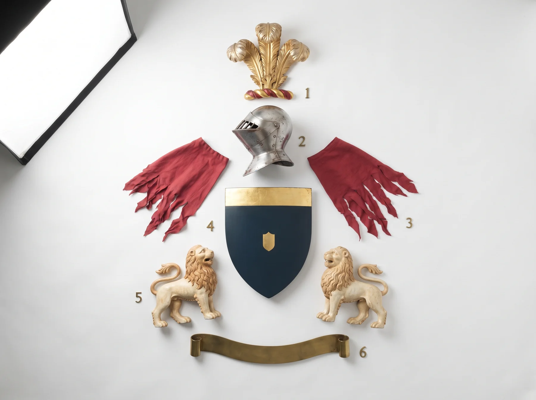 The six parts of a heraldic achievement taken apart and photographed from above — crest, helm, mantling, shield, supporters and motto scroll — each one numbered