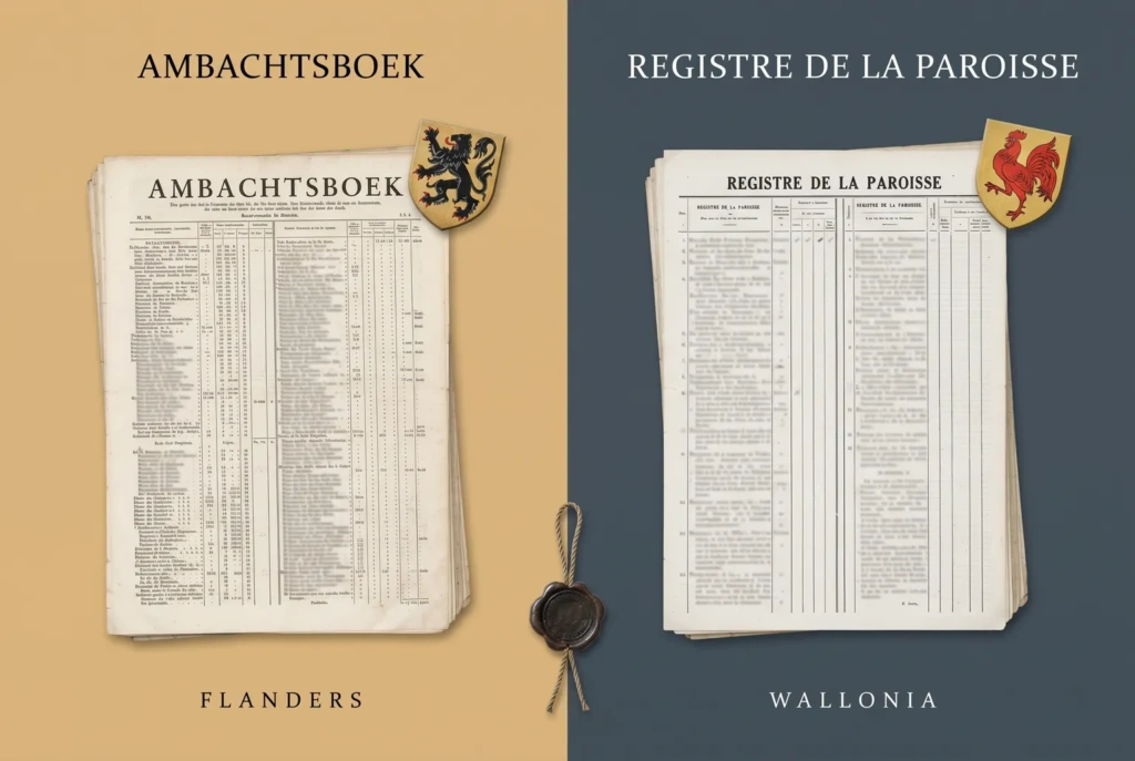A Flemish guild register labelled Flanders beside a Walloon parish register labelled Wallonia, joined by a wax seal