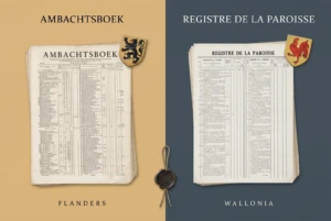 A Flemish guild register labelled Flanders beside a Walloon parish register labelled Wallonia, joined by a wax seal