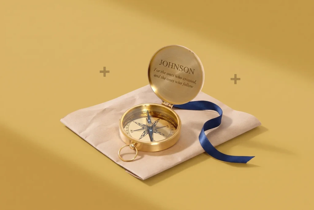 An engraved brass pocket compass open on kraft paper with a loose navy ribbon, on a warm mustard ground
