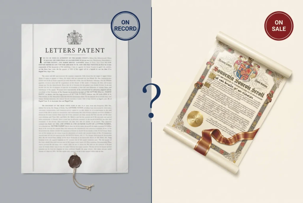 An official letters patent with a pendant seal marked On Record beside a decorated souvenir scroll marked On Sale