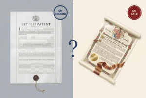 An official letters patent with a pendant seal marked On Record beside a decorated souvenir scroll marked On Sale