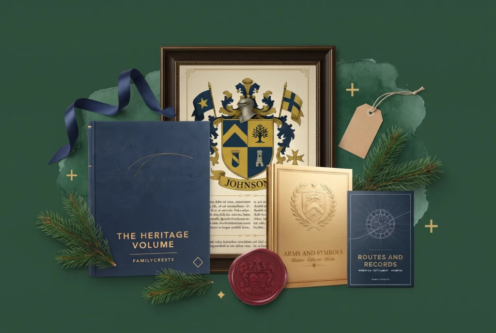Three Heritage Volumes, a framed coat of arms and a wax seal with pine sprigs and a navy ribbon on a deep green ground