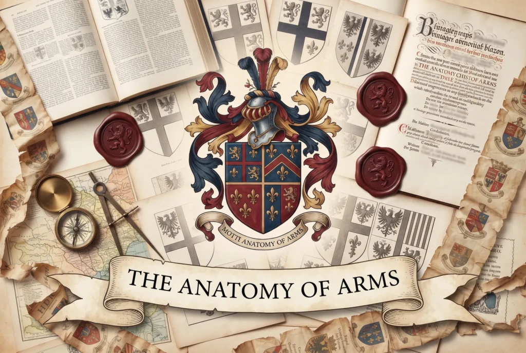 Collage of heraldic reference books, rolls of arms and wax seals around a painted coat of arms, under a banner reading The Anatomy of Arms