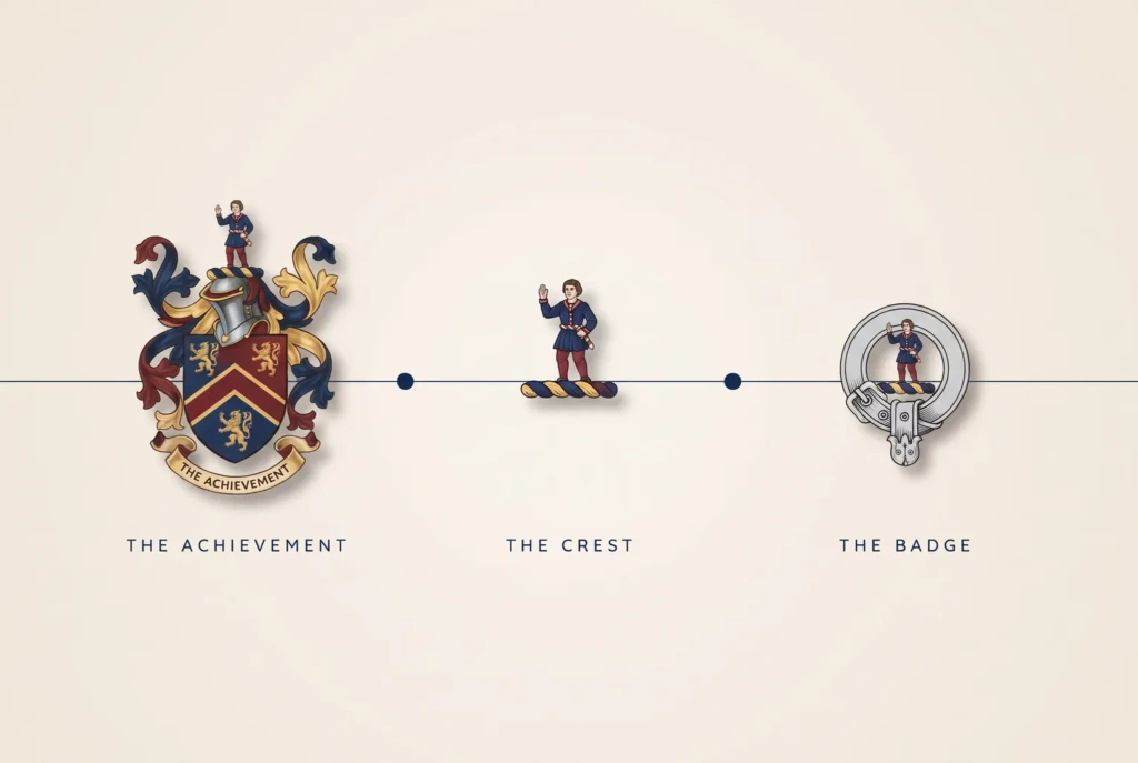 A full achievement, a single crest and a clan badge shown in a row at descending scale, labelled The Achievement, The Crest and The Badge