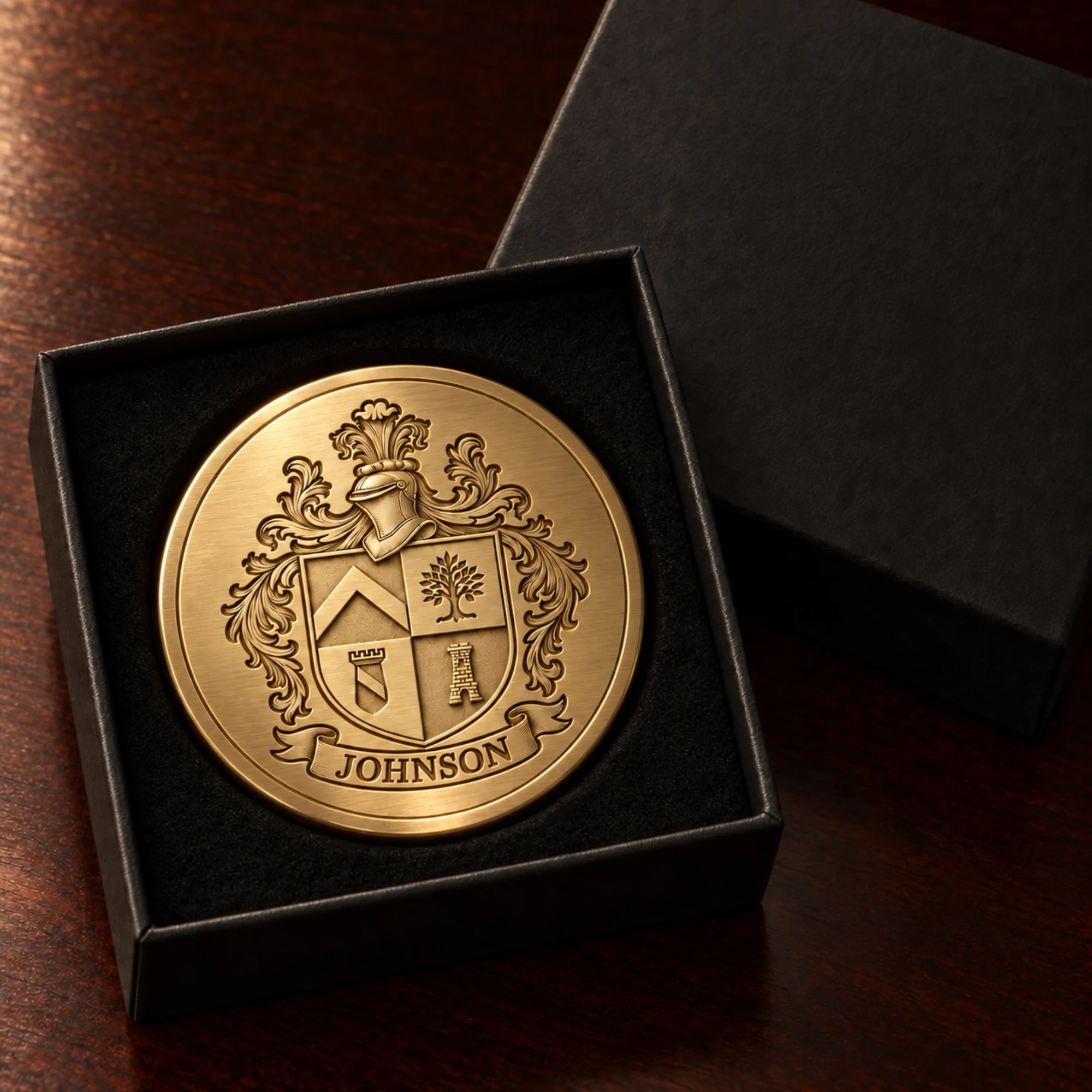 Coat of arms medallion in its black gift box on a wooden desk