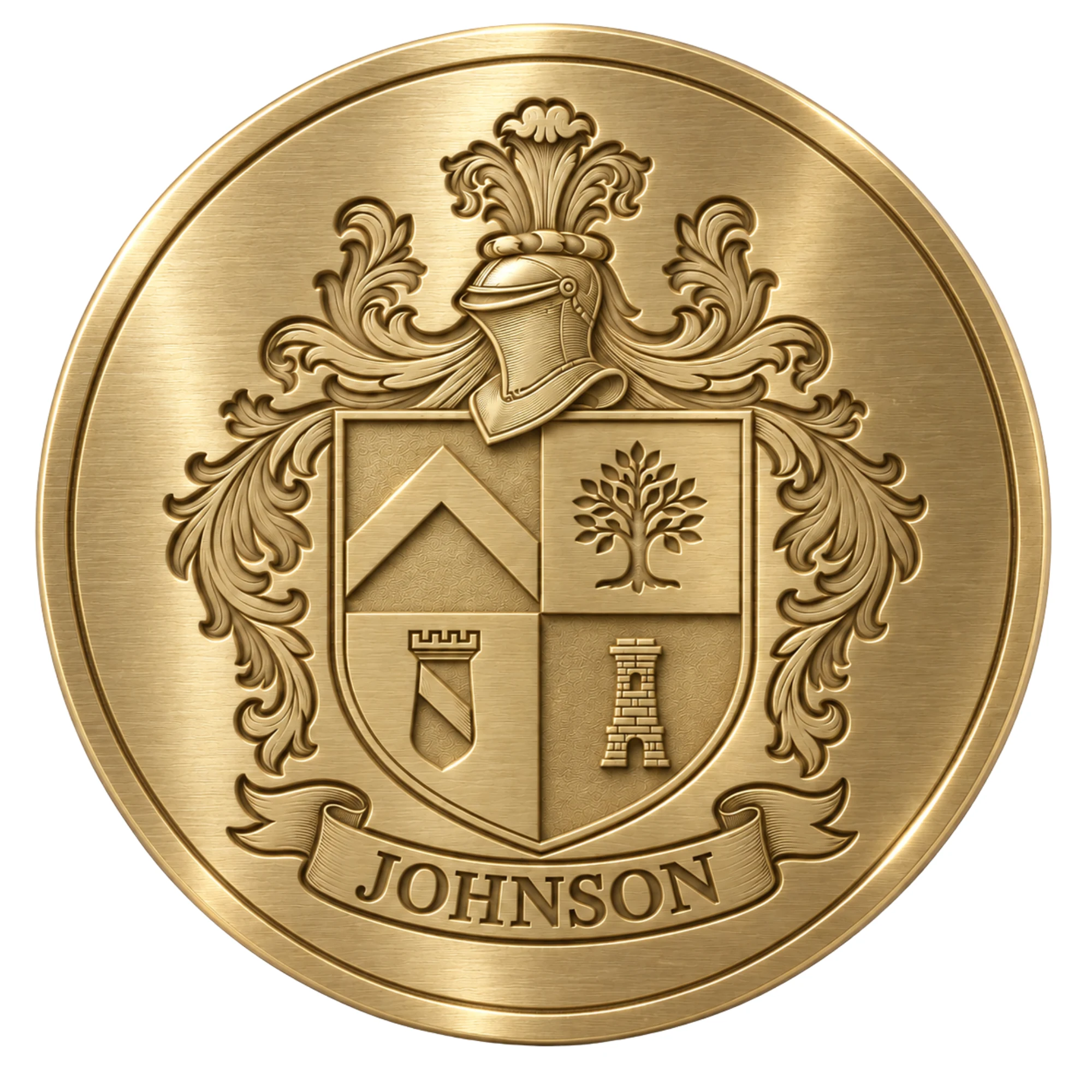 18K gold plated coat of arms medallion engraved with a family crest and surname
