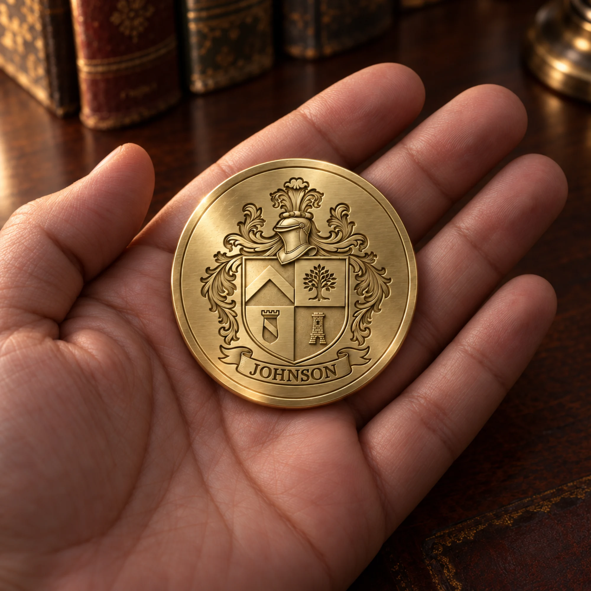 Engraved gold coat of arms medallion held in an open hand above a wooden desk