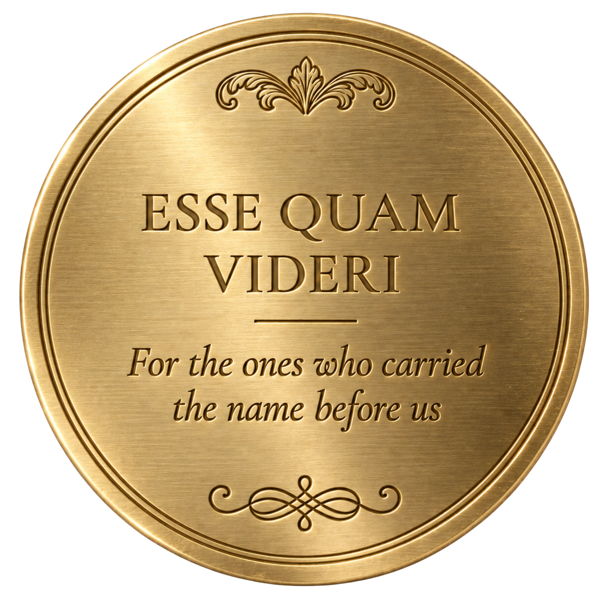 Reverse of the coat of arms medallion engraved with the family motto and a personal dedication