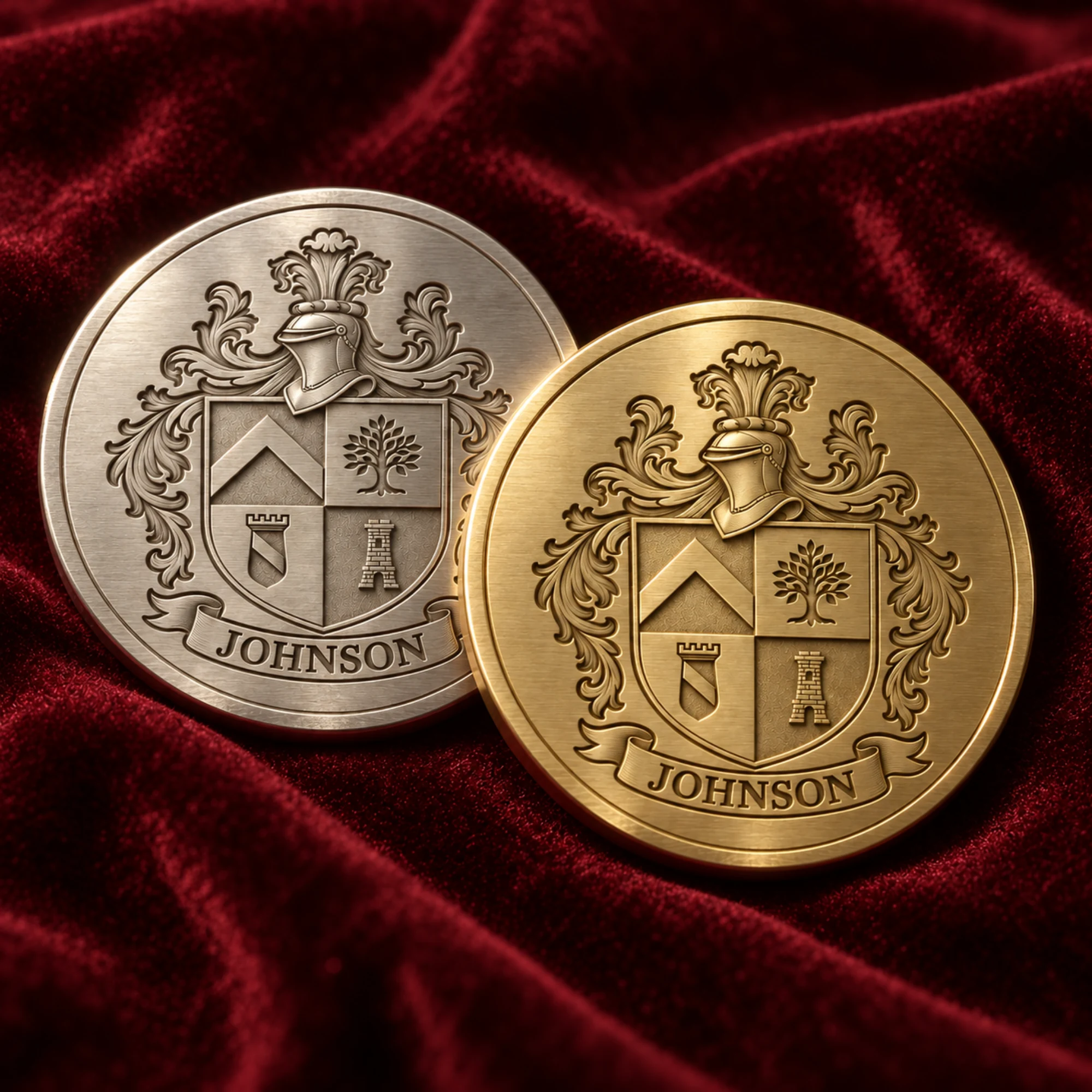 Coat of arms medallion in 925 sterling silver and 18K gold plated side by side