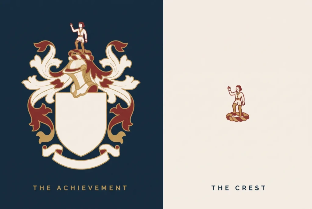 A full heraldic achievement on navy beside a single crest on cream, labelled The Achievement and The Crest to show the size difference