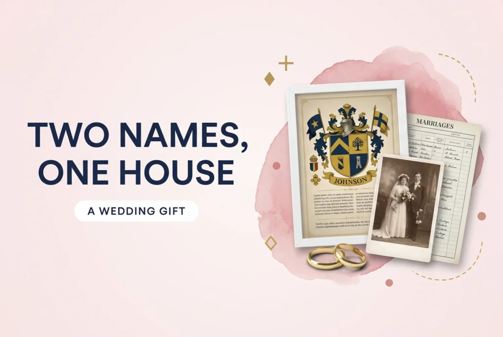 A framed coat of arms with a 1900s wedding portrait, two gold bands and a marriage register, beside a headline reading Two Names, One House