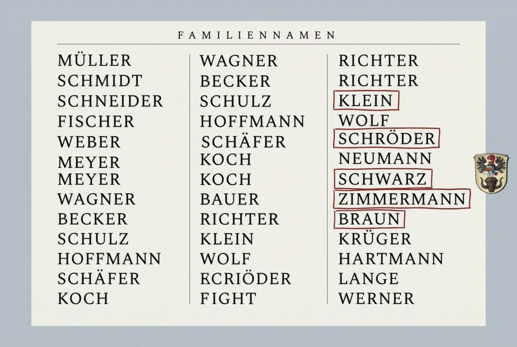 A printed three-column index of common German surnames headed Familiennamen, with three entries circled by hand