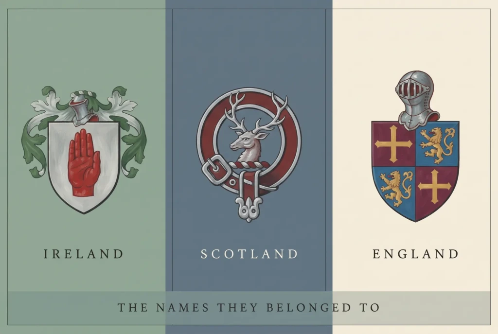 Three columns showing an Irish shield, a Scottish clan badge and an English shield, labelled Ireland, Scotland and England