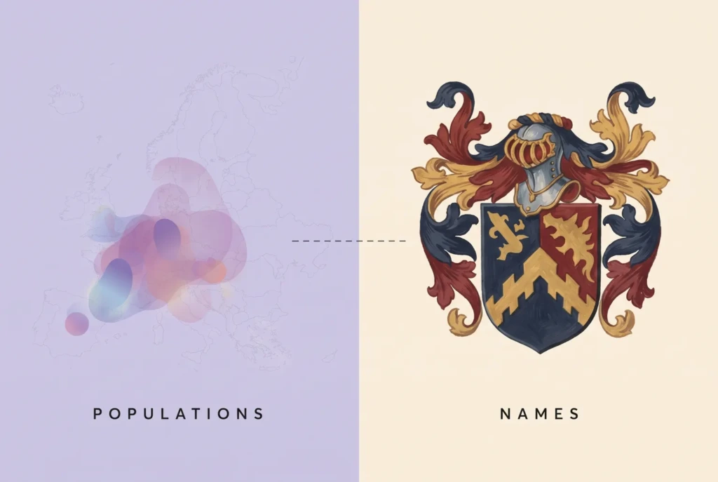 An abstract population map labelled Populations beside a painted heraldic achievement labelled Names, joined by a dashed line