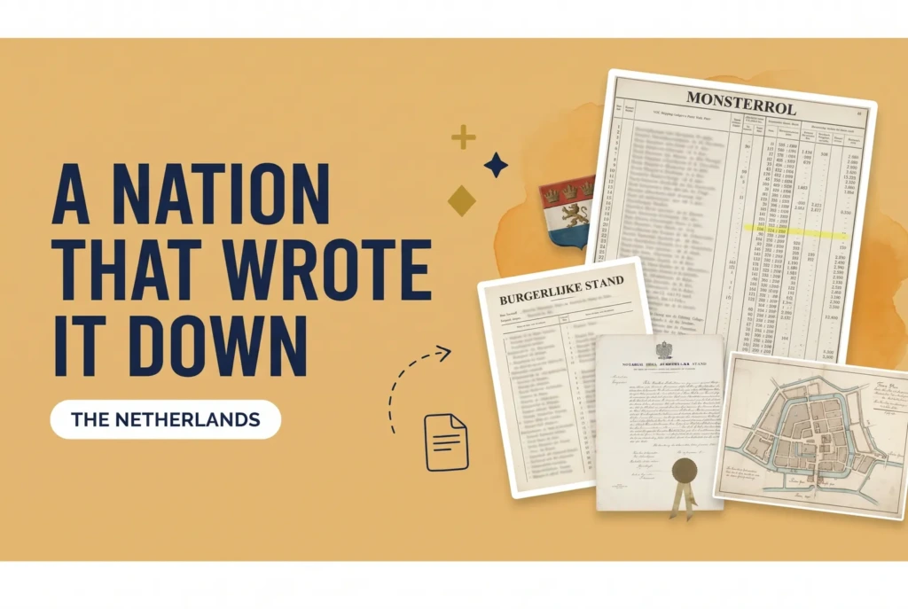 A VOC shipping ledger, a Burgerlijke Stand register and a notarial deed beside a headline reading A Nation That Wrote It Down