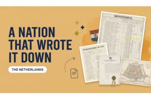 A VOC shipping ledger, a Burgerlijke Stand register and a notarial deed beside a headline reading A Nation That Wrote It Down