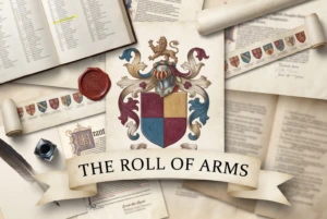 Collage of an unrolled roll of arms, a quartered English shield, a quill and a portcullis wax seal under a banner reading The Roll of Arms