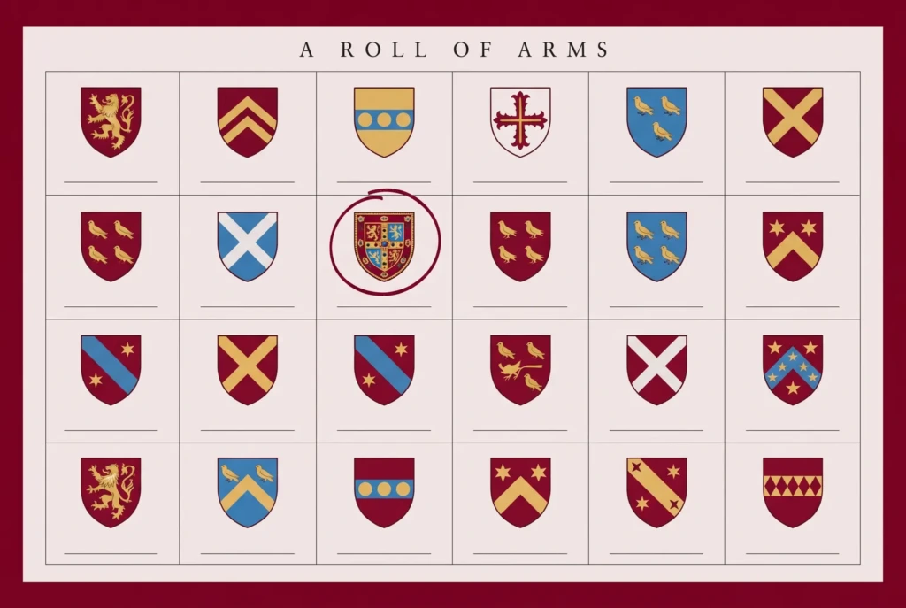 A roll of arms sheet of twenty-four small painted English shields headed A Roll of Arms, their caption lines left blank