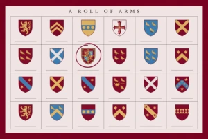 A roll of arms sheet of twenty-four small painted English shields headed A Roll of Arms, their caption lines left blank