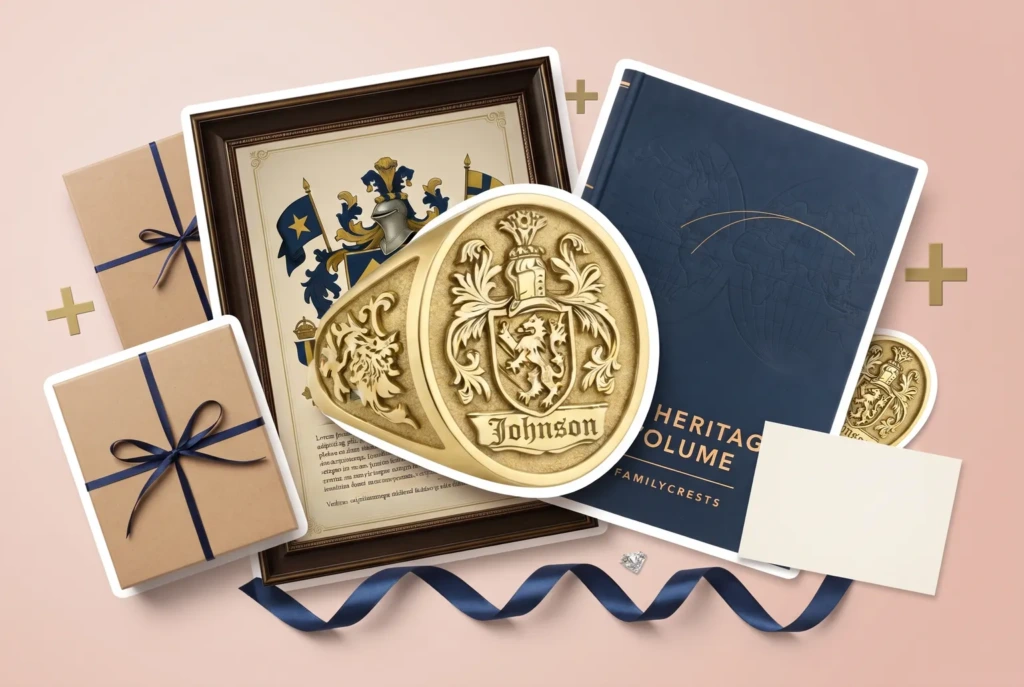 Framed coat of arms, signet ring and Heritage Volume arranged as a group of family crest gift ideas