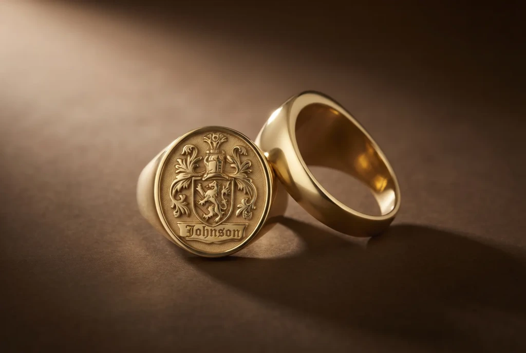 A men’s and a women’s engraved gold signet ring shown as a pair on a warm bronze ground