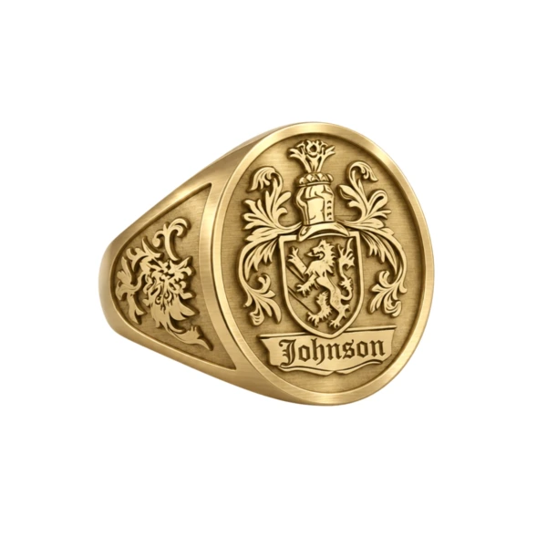 18K gold plated family crest signet ring engraved with a coat of arms and surname