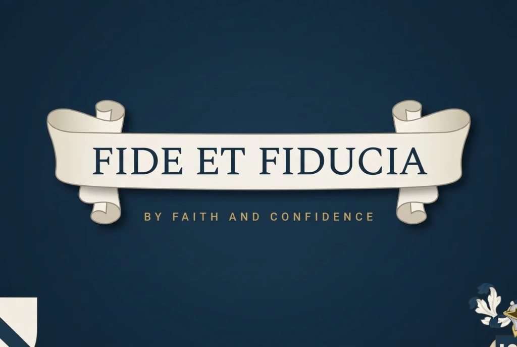 A heraldic ribbon scroll on navy reading Fide et Fiducia, with its translation By Faith and Confidence beneath