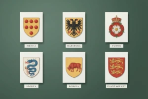 Six historic coats of arms mounted as museum specimens and labelled Medici, Habsburg, Tudor, Sforza, Borgia and Plantagenet