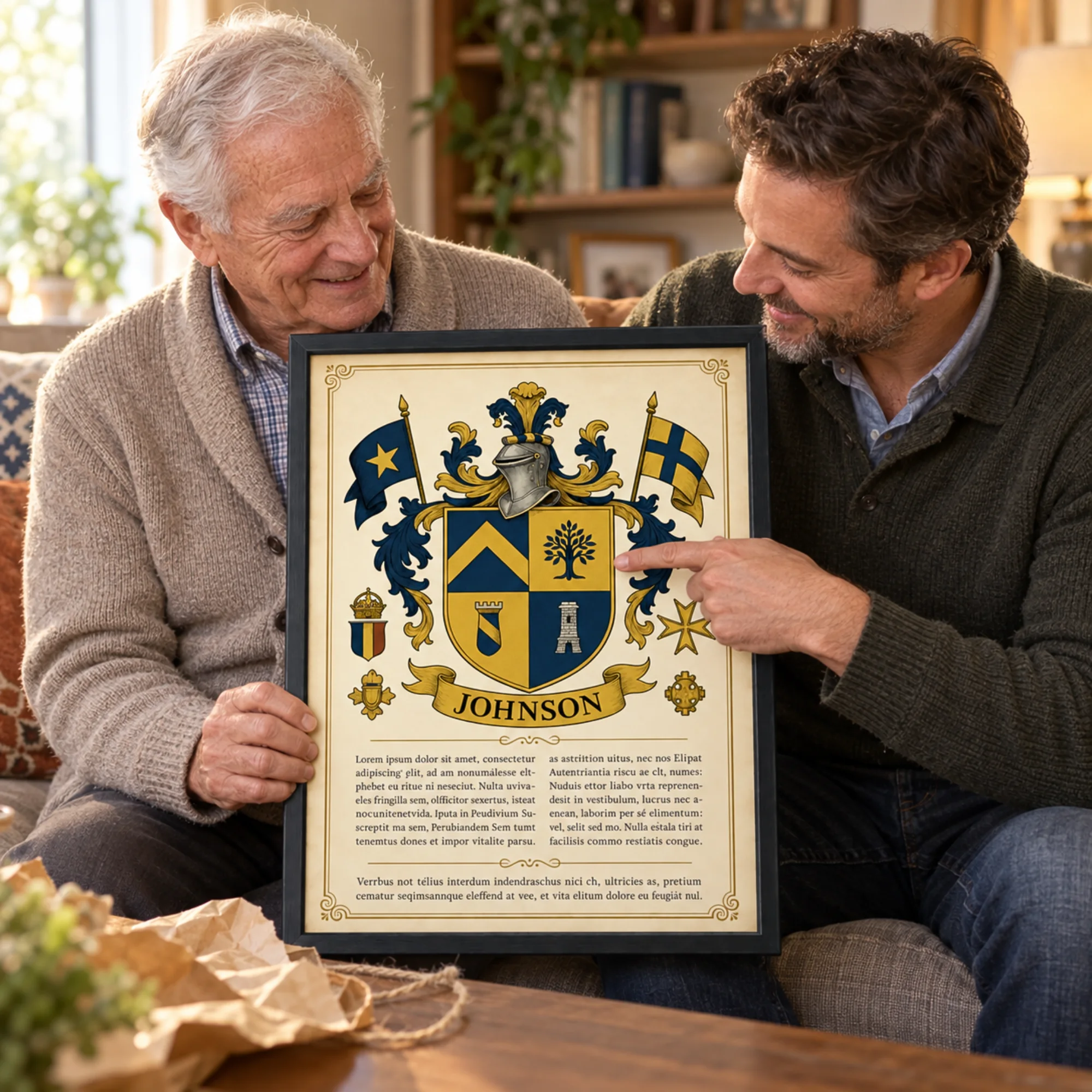 Father and son looking at their framed family coat of arms print