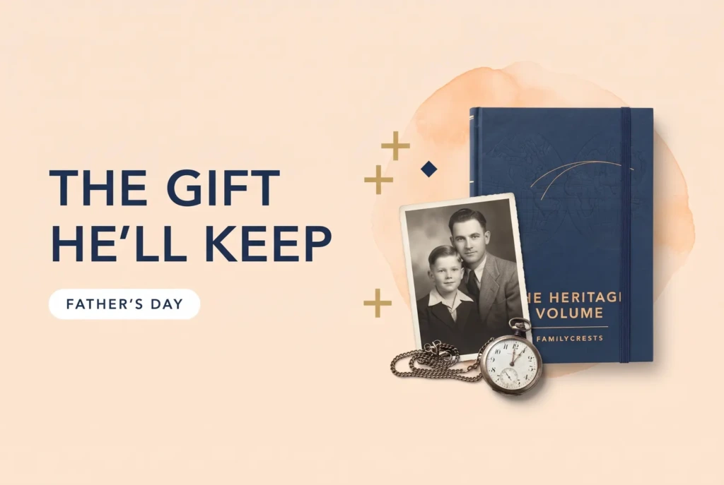 The Heritage Volume with a navy ribbon, a 1940s father and son portrait and a pocket watch, with a card reading For Dad
