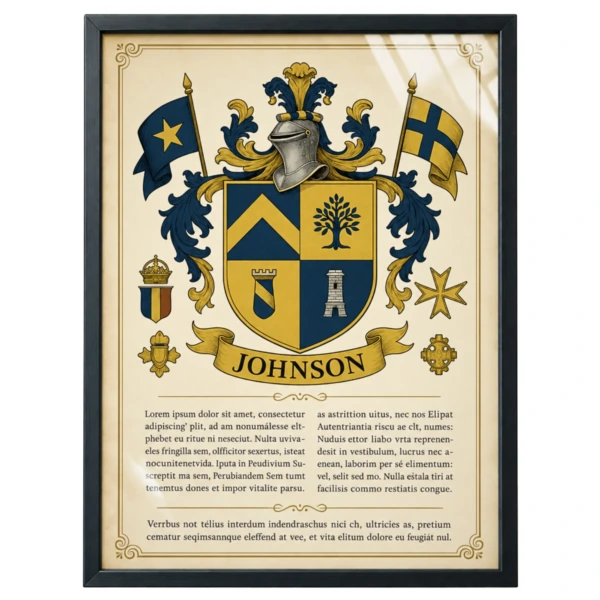 Personalized family coat of arms print in a slim black wood frame