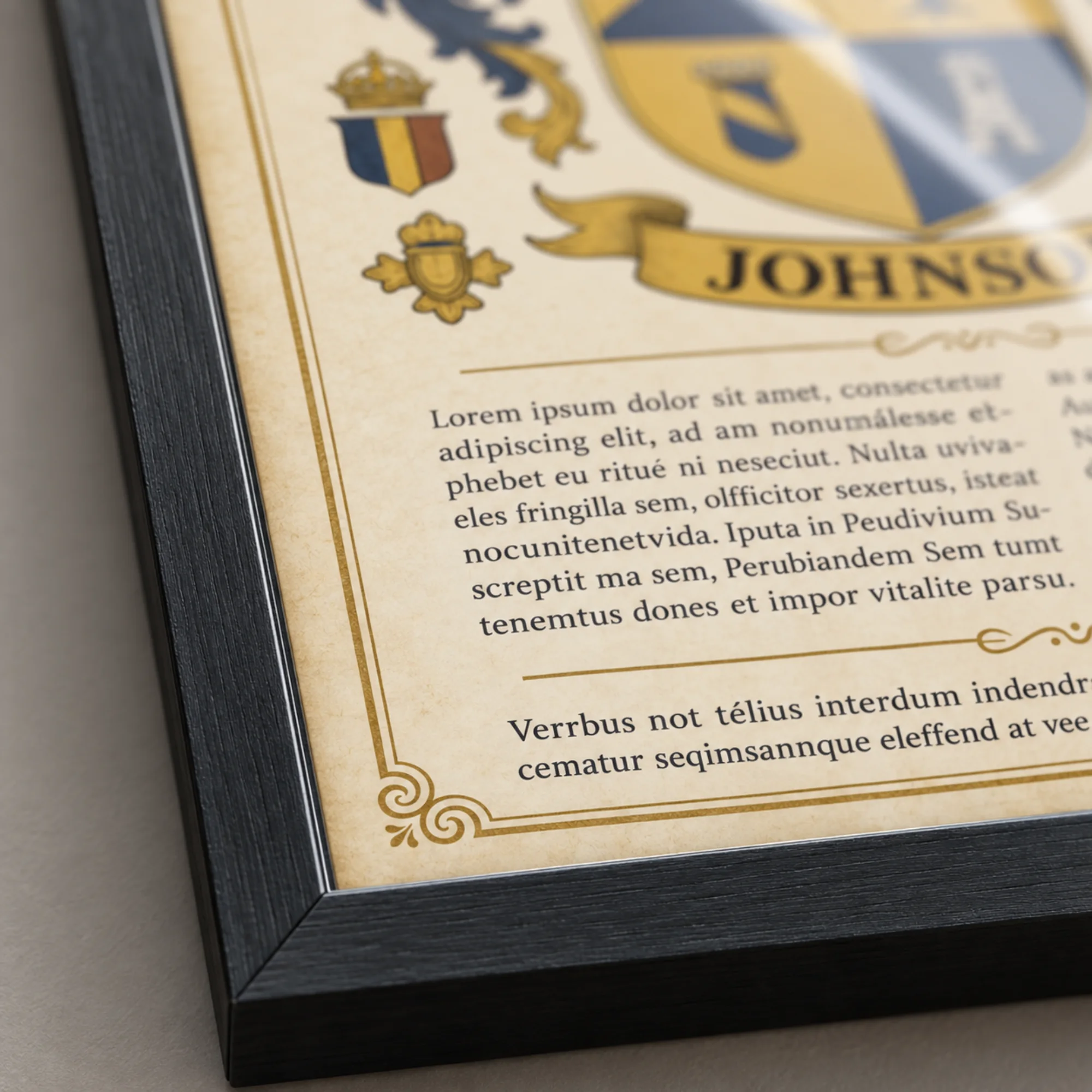 Close-up of the frame corner and archival paper of a family coat of arms print