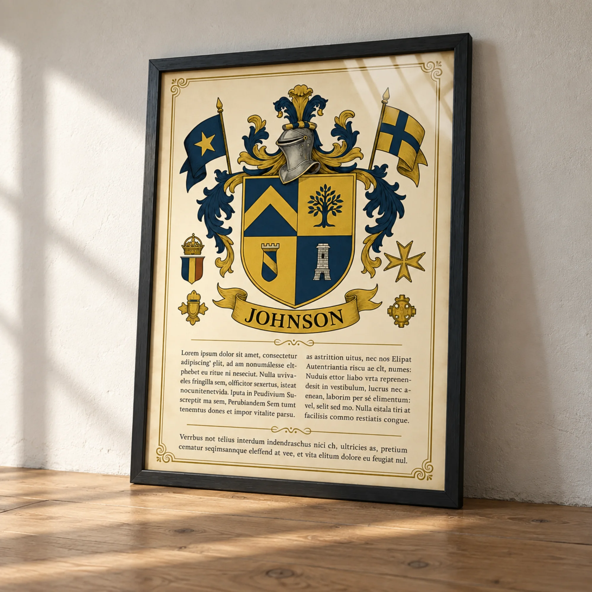 Framed family coat of arms print leaning against a wall on a wooden floor